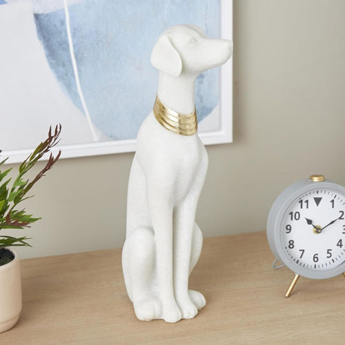 Elegant Polystone Sitting Dog Sculpture with Gold Collar