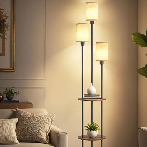 Floor Lamp with Shelves 3 Light Linen Shades