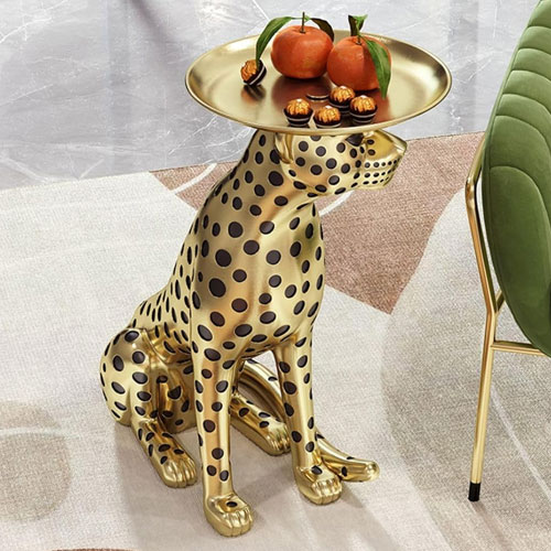 Gold Leopard Animal Side Table with Tray Top