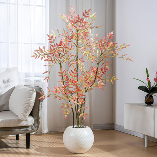 Faux Bamboo Nandina Tree – 800+ Leaves, Cement Planter