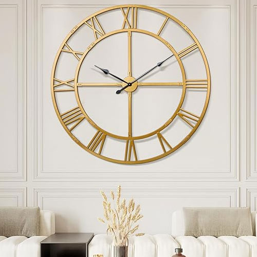 Gold Large Wall Clock – Silent Roman Numeral Farmhouse Decor